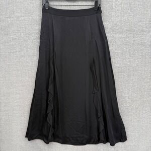 Little Moon Black Satin Ruffle Midi Skirt Sz 10 L Witchy Goth Y2K Office a-line